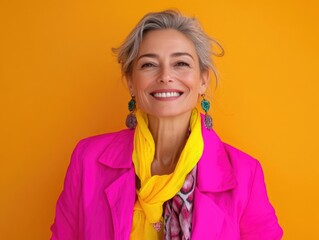 Wall Mural - Woman in Pink Jacket with Yellow Scarf