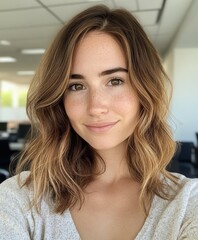 Young woman smiles in modern office space during daytime portrait