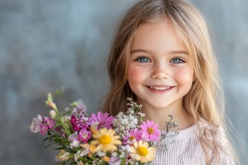 Smiling girl holding a bouquet of colorful flowers is happy