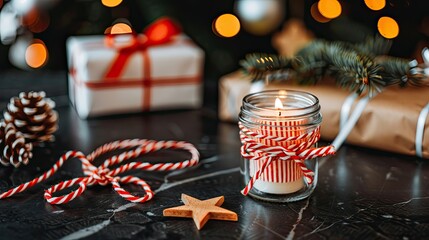 Poster - A glass jar with red and white striped string tied around it