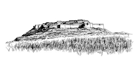 An illustration of a building with the landmark of Oaxaca, a city in Mexico. It is a modern hand drawn sketch.