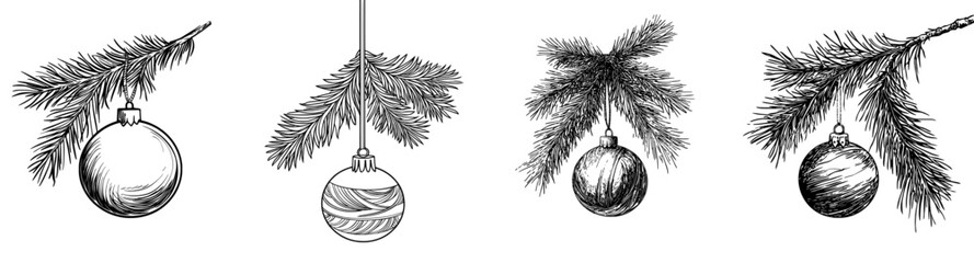 Christmas tree ball for vintage invitation design. Hand drawn sketch. Christmas tree and Christmas decorations. Happy New Year!