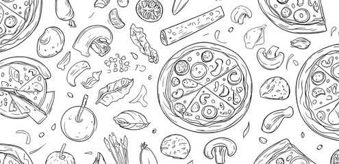 A seamless pizza pattern with hand drawn illustrations. A top view of the illustration. A modern illustration with engraved details.