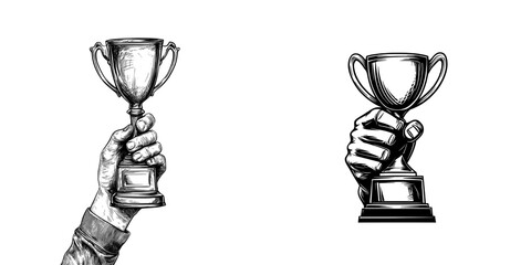 Hand drawn modern illustration realistic sketch of a strong hand holding a trophy