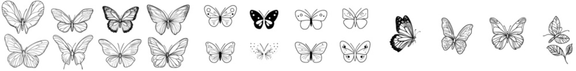 This second set of black and white butterfly wings features wavy lines and organic shapes. Y2k aesthetic, tattoo silhouette, hand drawn stickers. Modern graphics in trendy retro 2000s style.