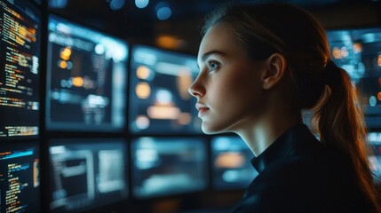 medium shot of a woman working as a developer, surrounded by big screens displaying lines of code in
