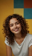 Wall Mural - Smiling girl with curly hair against a yellow background.