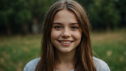 Wall Mural - Smiling girl with long hair looking at the camera.