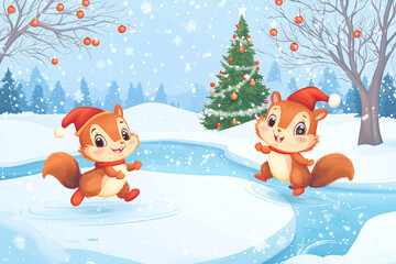 Canvas Print - Cute baby animal sliding on frozen river illustration. have fun in winter. Little squirrels having fun on the ice rink. Winter holiday background with festive Christmas tree