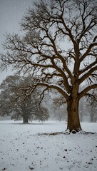 Wall Mural - Snow falls on a large oak tree in a winter landscape.