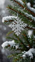 Wall Mural - Snow-covered pine branch with a snowflake ornament for a winter scene.