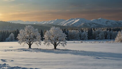 Wall Mural - Snow-covered tranquil landscape with soft light.