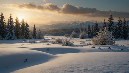 Wall Mural - Snow-covered tranquil landscape with soft light.