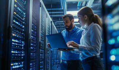 data center female system administrator and male it specialist talk, use laptop. information technol