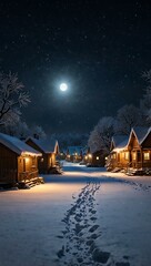 Wall Mural - Snowy winter village landscape at night.