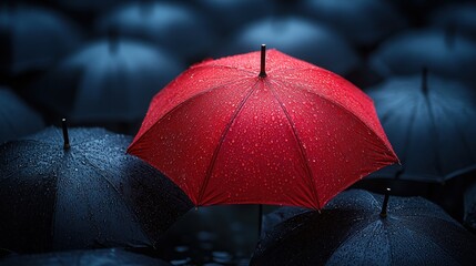 Poster - A vibrant red umbrella stands out among dark umbrellas in the rain.