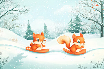 Canvas Print - Cute baby animal sliding on frozen river illustration. have fun in winter. Little squirrels having fun on the ice rink. Winter holiday background with festive Christmas tree