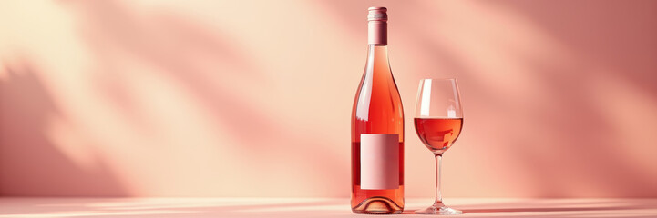 Elegant rosé wine bottle and glass against a soft pink background, perfect for wine promotions, hospitality, and lifestyle branding.