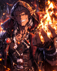 male elf in a fiery battle stance, igniting magic flames in his hands with a mischievous grin