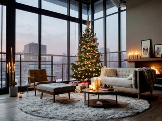 A modern loft apartment featuring a fireplace. Double-height windows showcase a snowy urban skyline with twinkling city lights. Gifts are under the Christmas tree.