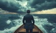 © Kishan - Businessman standing in a boat on a stormy ocean under dark skies, Generative AI