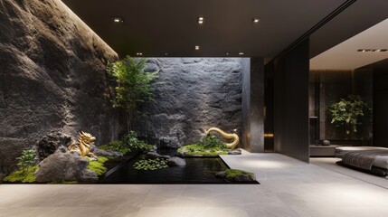 4ï¸âƒ£ A large, dark gray stone wall with a small Japanese garden inside it in the corner of an elegant living room with white marble floors and a dimly lit space. The walls have a modern style with 