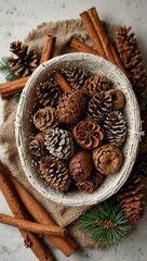 Wall Mural - Rustic basket filled with pinecones and cinnamon sticks on a white backdrop.