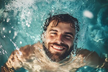 smiling man in splashing water