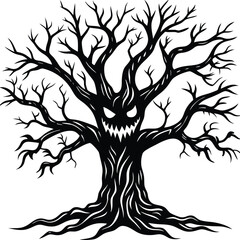 Halloween line art Creepy tree, vector icon illustration on black and white.