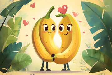 Sticker - Cute cartoon banana love couple characters, illustration