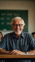 Wall Mural - Senior professor smiling in a classroom.