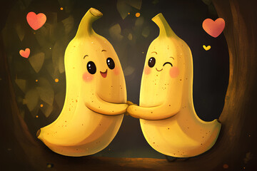 Poster - Cute cartoon banana love couple characters, illustration