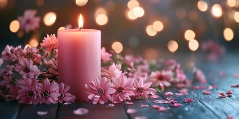 Pink candle with flowers and bokeh lights background, Generative AI