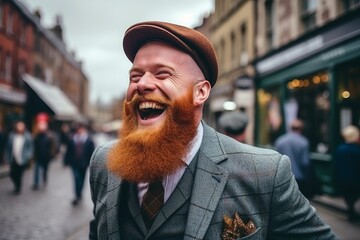 Handsome hipster man with long red beard and mustache on the street