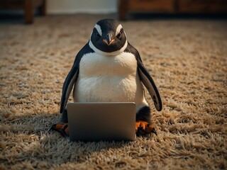 Wall Mural - Penguin relaxing with a laptop on a cozy rug.