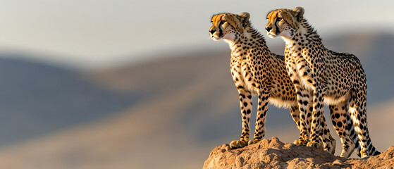 two cheetahs standing together on a rocky outcrop, gazing into the distance.