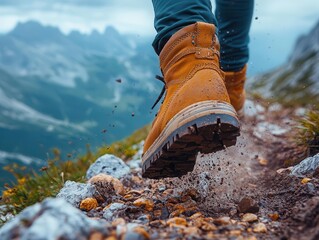 closeup of rugged leather hiking boots stepping onto a rocky mountain trail dirt and pebbles flying showcasing the thrill of outdoor adventure and the beauty of nature in the background