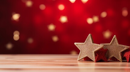 Festive christmas tree adorned with red ornaments and golden stars against a bokeh light background