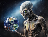 Sublime extraterrestre tenant dans sa main la planète terre, l'espace en arrière plan, émotionnel, concept origine de la vie, créateur