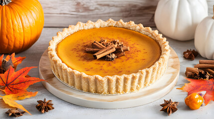 Top view of homemade pumpkin pie food, traditional autumn dessert for Thanksgiving, sweet and delicious fall treat with cinnamon, for holiday celebration and festival