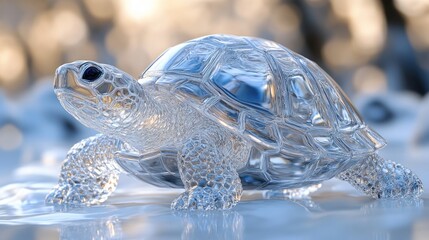 Poster - A transparent turtle sculpture resting on a reflective surface.