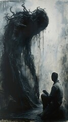 Wall Mural - Surreal Dark Art Painting of a Man Facing a Shadowy Creature