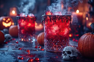 Halloween cocktails with ice on dark background. Selective focus.