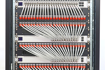 CAT-6 patch cords  for connecting Ethernet switches to patch panels in a telecommunications rack.