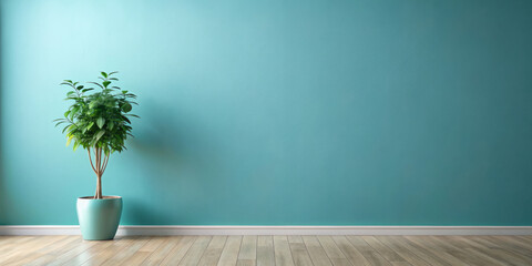 Wall Mural - serene flat empty room features vibrant blue wall and lush green plant in pot, creating refreshing and inviting atmosphere