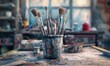© AlexeyAdob4 - Paintbrushes in a cup on the workbench, 4K hyperrealistic photo