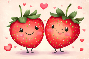 Sticker - Cute cartoon strawberry love couple characters, illustration