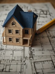 Wall Mural - Realistic house model on blueprints with a pencil beside it.