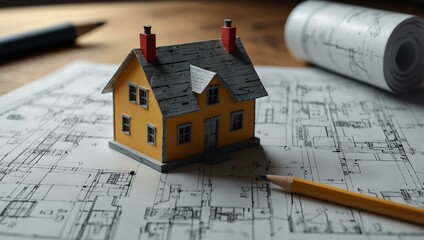 Wall Mural - Realistic house model on blueprints with a pencil.