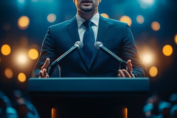 Public speaking skill, confident, charisma, hand gesture, voice and expression to win the audience concept, confidence businessman speaking in public on stage with podium, microphones, spotlight